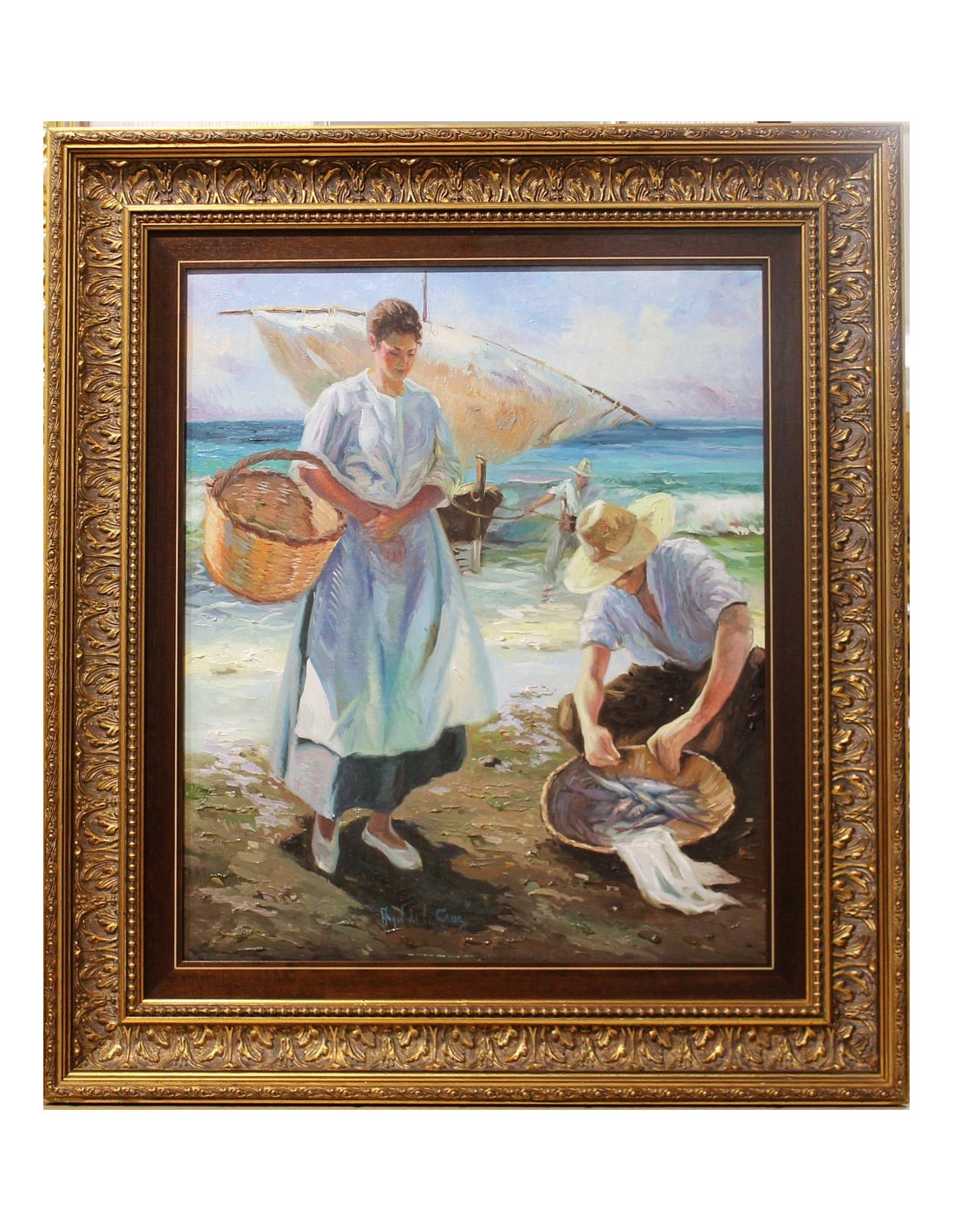 油彩画 漁船と漁師 A. De La Cruz Ángel de la Cruz: Fishing
