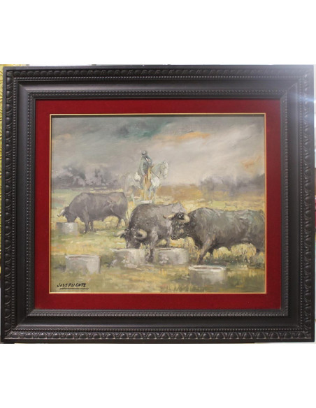 Toros comiendo | Cuadro al óleo de José Puente