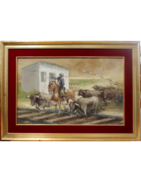 Cruzando las vías | Cuadro al óleo de José Puente