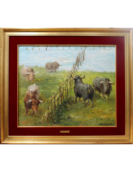 Toros en el campo | Cuadro al óleo de José Puente