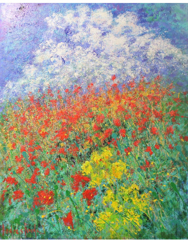 Entre flores y el cielo | Cuadro al óleo de Andrés Rueda