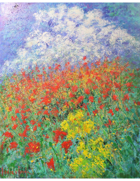 Entre flores y el cielo | Cuadro al óleo de Andrés Rueda